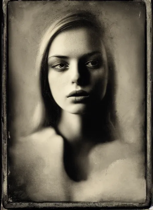 Image similar to portrait of a young women with beautiful eyes, photo realistic, elegant, award winning photograph, parallax, cinematic lighting, ambrotype wet plate collodion by richard avedon and shane balkowitsch