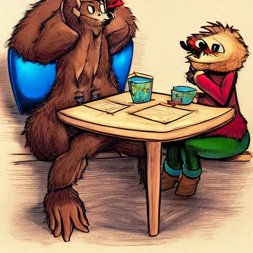 Prompt: a couple of cartoon characters sitting at a table, a comic book panel by the mazeking, trending on deviantart, furry art, d & d, made of all of the above, lighthearted