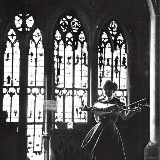 Image similar to a young edwardian woman playing a violin inside a cathedral, black and white photograph