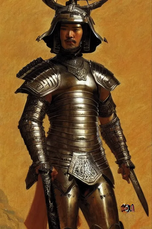 Image similar to male wearing armor, ancient tang dynasty, painting by gaston bussiere, craig mullins, j. c. leyendecker, tom of finland