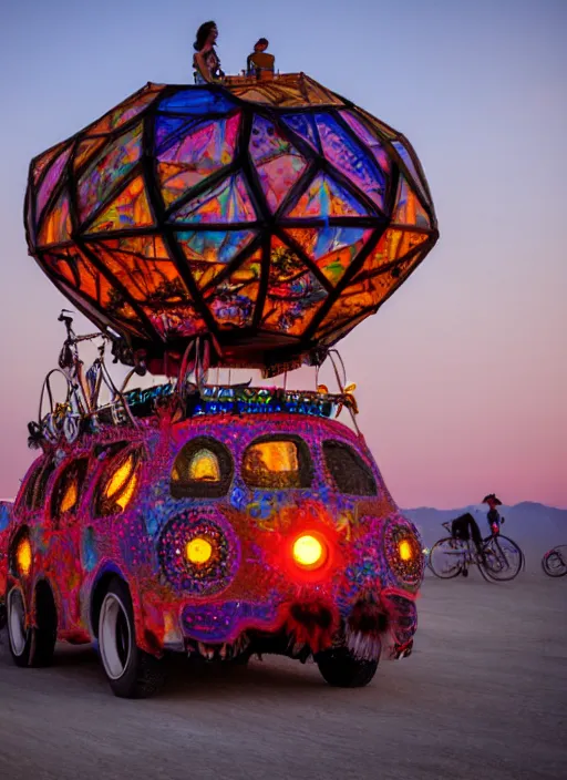 Image similar to burning man art car, sunset, 4 k