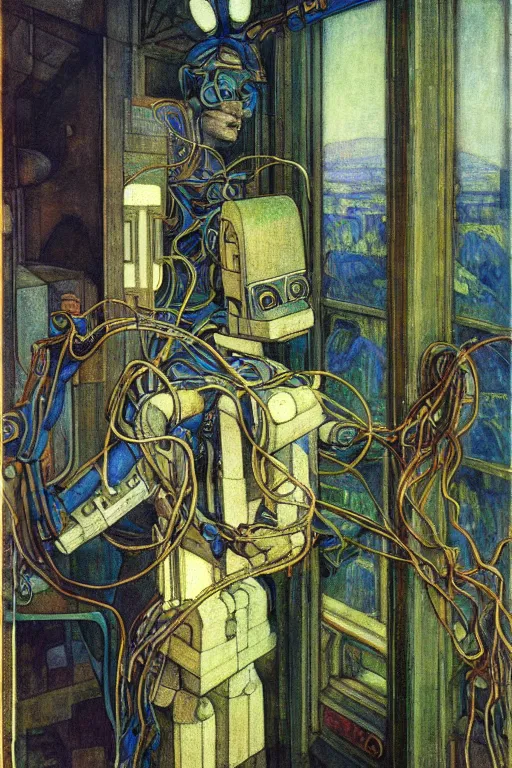 Prompt: the robot wearing his electric crown stands by the window , by Annie Swynnerton and Diego Rivera and Elihu Vedder, symbolist, dramatic lighting, elaborate geometric ornament, Art Brut, soft blues and greens,smooth, sharp focus, extremely detailed, Adolf Wölfli and Evelyn De Morgan