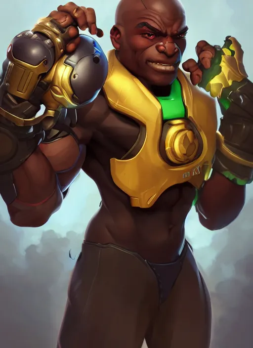 Image similar to character portrait of a fusion of Doomfist from Overwatch and Lucio from Overwatch by ArtGerm and Tom Bagshaw, 4k, highly detailed, cinematic lighting, characters merged