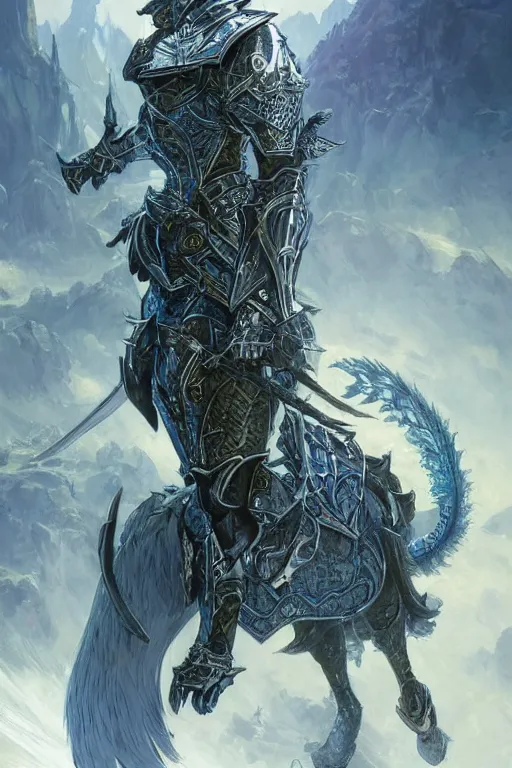 Image similar to Fantasy knight wearing an intricate azure wolf themed full plated armor, moonlit, HD, illustration, epic, D&D, fantasy, intricate, elegant, highly detailed, digital painting, artstation, concept art, smooth, sharp focus, illustration, art by artgerm and greg rutkowski and alphonse mucha, monster hunter illustrations art book