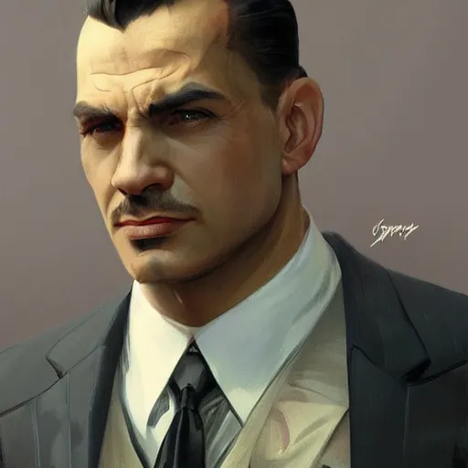 Image similar to 1930s mobster, painted character portrait, highly detailed, digital painting, artstation, concept art, sharp focus, illustration, art by artgerm and greg rutkowski and alphonse mucha