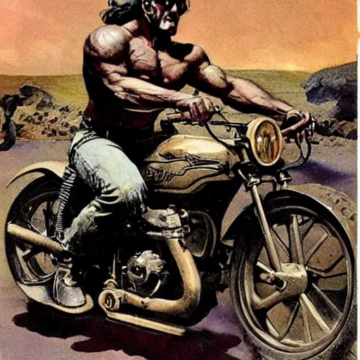 Image similar to into glory ride, artwork by Frank Frazetta, motorcycle, muscular man