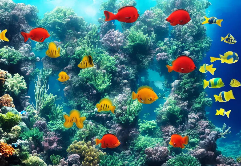 Prompt: an underwater city full of tropical fish, National Geographic, photo, HD, 8k