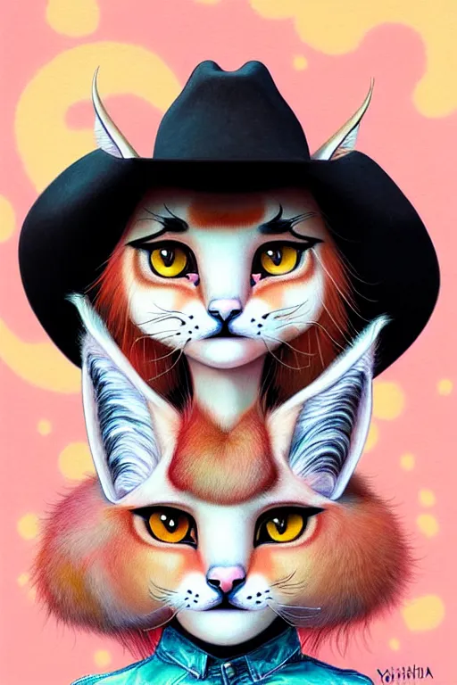 Image similar to cute fluffy caracal wearing cowboy hat, style of yoshii chie and hikari shimoda and martine johanna, highly detailed