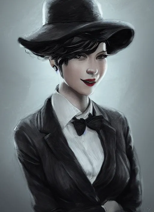 Image similar to a highly detailed illustration of curly short haired girl wearing noir hat and suit and tie, dramatic smiling pose, intricate, elegant, highly detailed, centered, digital painting, artstation, concept art, smooth, sharp focus, league of legends concept art, WLOP