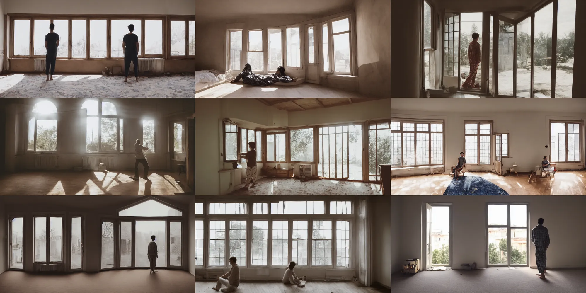 Prompt: person in pyjamas standing near window, turned back to camera, cinematographic, sun rays, daylight, one big french door window with walls to the sides, windowsill, carpet at the floor, furnished room, anamorphic shot lens, window at the center, wooden floor, modern, photorealistic, high ceiling