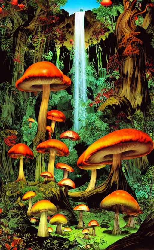 Image similar to psychedelic mushrooms, enchanted forest, waterfall, wide angle shot, vector art, illustration by frank frazetta and salvador dali