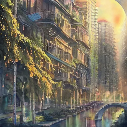 Image similar to Beautiful picturesque charming futuristic city in harmony with nature. Nice colour scheme, soft warm colour. Beautiful detailed watercolor by Lurid. (2022)