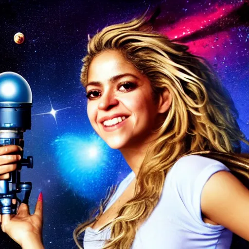 Prompt: of a closeup photo of shakira as a hero sci fi space cosmonaut holding a raygun in a nice action pose, there is an explosion on the background of a space station blowing hair and lighting her with a rim light, she is laughing,, f 2. 8, advertising studio lighting,