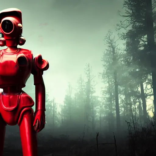 Image similar to A girl in a noir outfit stands next to a power armor from the company core-cola, red coloring, stands against the background of a radioactive forest, graphics, fallout 4 render, 3d computer render, maximum details, rain, night, spotlight,