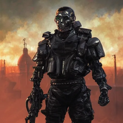 Prompt: leader pf chechnya ramzan kadyrov as a t - 8 0 0 terminator, highly detailed, digital painting, artstation, concept art, matte, sharp focus, illustration, art by artgerm and greg rutkowski and alphonse mucha