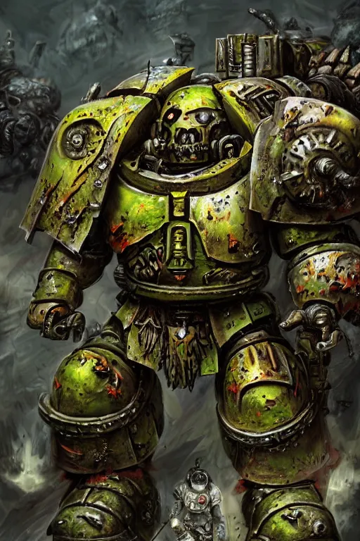 Prompt: a nurgle space marine, warhammer 4 0 k, chaos, highly detailed, digital art, sharp focus, ambient lighting, trending on art station