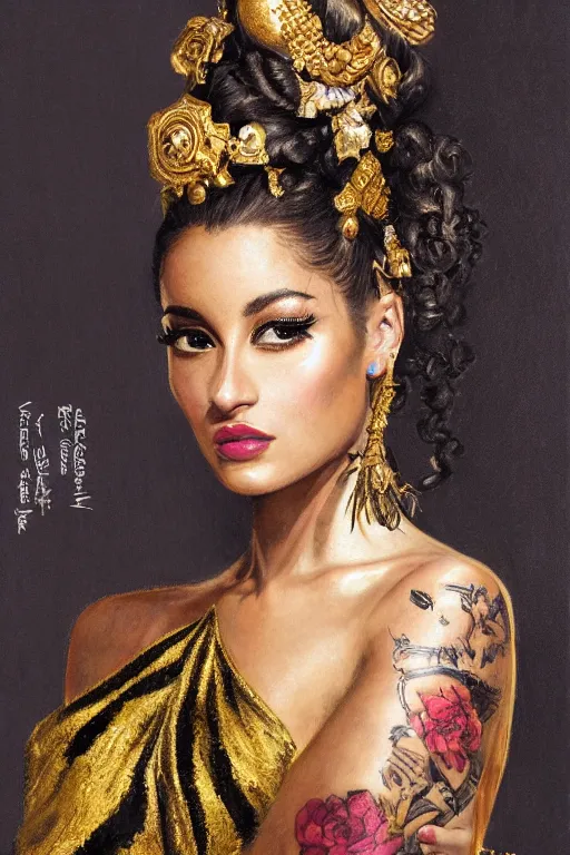 Prompt: an epic painting of arianna grande, curly messy high bun hairstyle, oriental tattoos, jeweled ornament over forehead, subject wearing a gold and black high fashion gown, flowing, ornate, beautiful, intricate, dramatic earth colors, with few fire red highlights, by jeremy mann and greg rutkowski, 8 0 mm lens, trending on artstation, oil on canvas