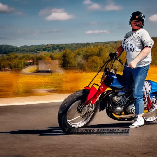 Image similar to blue heeler dog on a motorcycle, 8 k photography, blurred background of a wafflehouse