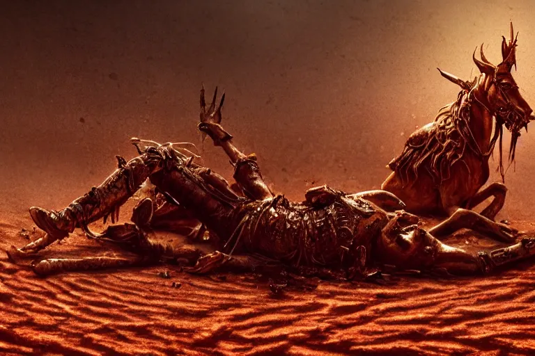 Prompt: the king in the desert dead on the ground, killed, red blood on gold sand, dark tragic scene, detailed scene, killed in war, fallen Crown, highly detailed, blood and dust, cinematic lighting, dramatic lighting, trending on artstation, elegant, intricate, tragedy, fantasy, D&D, highly detailed, digital painting, concept art