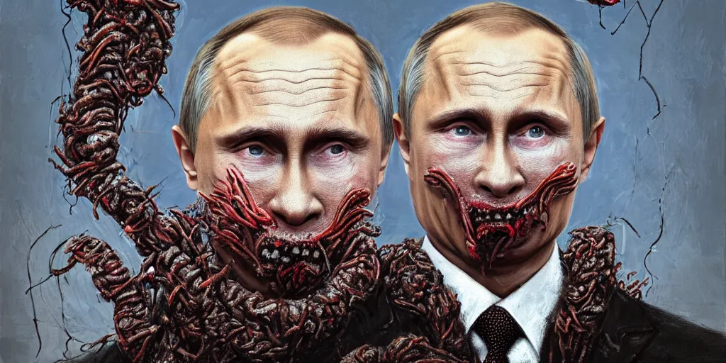 Image similar to highly detailed surreal portrait of vladimir putin's face is eaten by worms, in the background an army of zombies with their mouths sewn shut with wire in the shape of the letter z, style of greg rutkowski and ralph horsley, photorealistic, hyperdetailed, matt painting, digital art, non blurry, sharp, artstation, concept art, smooth, illustration