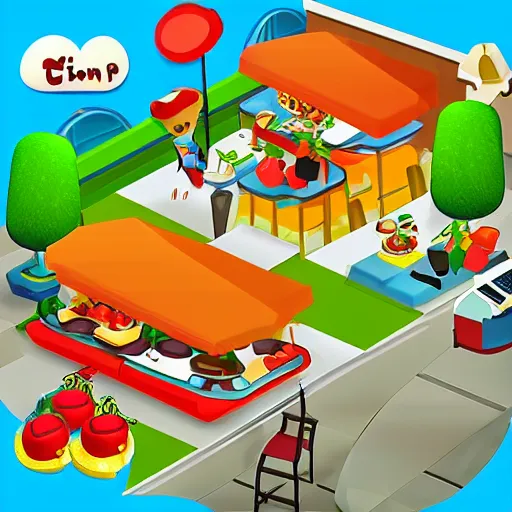 Image similar to an restaurant tycoon game, colorful, cartoon, cute, detailed,