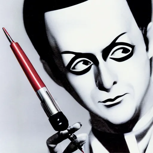 Image similar to a high quality product photo ad of klaus nomi with a technical reed rollerball pen exacto knife by junji ito, ethereal eel