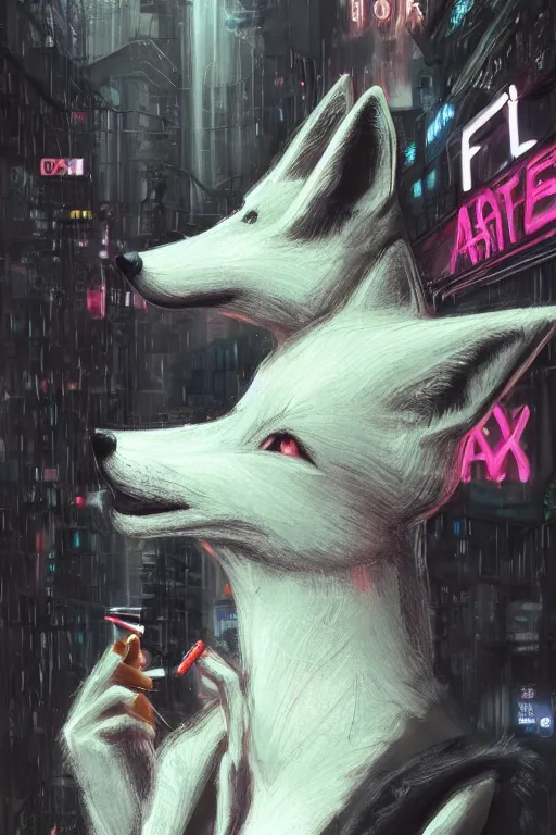 Image similar to beautiful portrait of a tall female anthro fox smoking a cigarette in a bustling crowd of a rainy city street, cyberpunk, harsh neon lights, highly detailed, sharp focus, digital painting, illustration, trending on artstation, art by sakimichan, artgerm