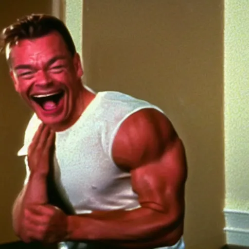 Image similar to hyperrealistic 1992 Jean Claude Vandamme doing the splits, laughing hysterically, doing the spilts with his legs going pointing two separate directions, between two chairs over a toilet, golden hour, smiling, award winning