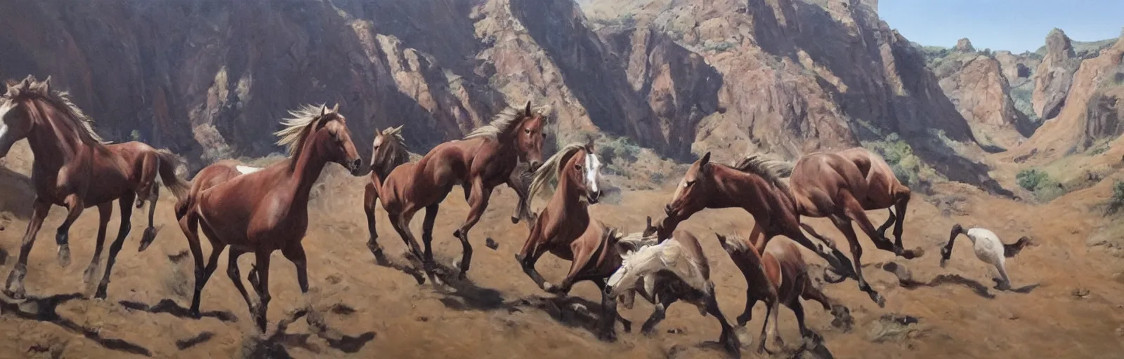 Image similar to lots of horses running through the canyon, hyper realistic, more details, they might be crawling, original oil on canvas painting by sydney mount