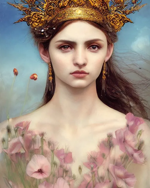 Image similar to young poppy goddess, portrait, beautiful face, long hair, emotionally evoking symbolic metaphor, head in focus, fantasy, ornamental, intricate, elegant, sensual, highly detailed digital painting, artstation, concept art, smooth, golden ratio, sharp focus, illustration, art by John Collier and Krenz Cushart and Artem Demura and and Greg Rutkowski and Alphonse Mucha and Albert Aublet