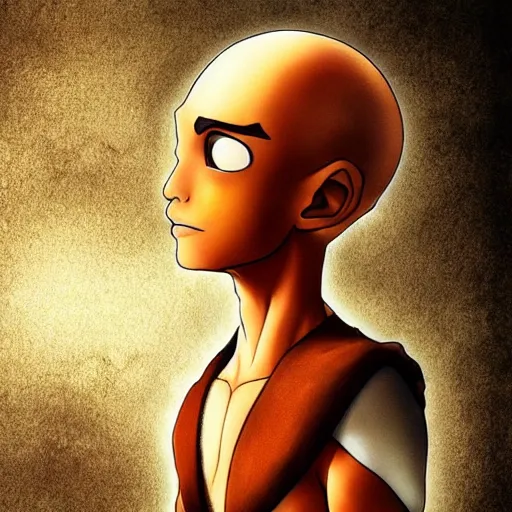 Prompt: Aang from Avatar the Last Airbender, portrait, digital art, elegant! , in avatar state, levitating