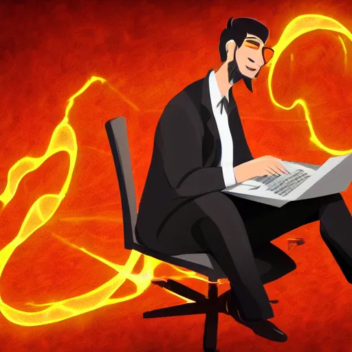 Image similar to a demon programmer gentleman ~ using a laptop ~ lava background ~ digital art ~ two horns ~ sitting on a chair ~, 4 k, ultra hd