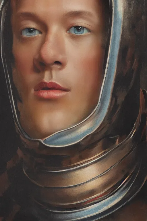 Image similar to hyperrealism oil painting, close - up portrait of caucasian medieval fashion model, knight, steel gradient mixed with nebula sky, in style of baroque mixed with 7 0 s japan book art