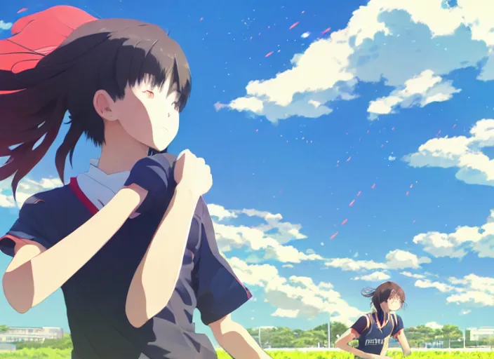 Image similar to portrait of high school runner girl, sunny sky background stadium landscape illustration concept art anime key visual trending pixiv fanbox by wlop and greg rutkowski and makoto shinkai and studio ghibli and kyoto animation symmetry red sports clothing marathon yellow running shoes number tag