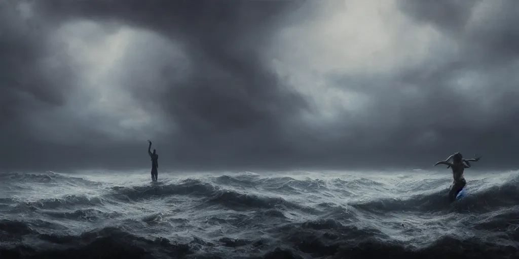 Prompt: Eldrich god rising out of the ocean, hyper realistic oil painting, dark, moody cinematic lighting, creepy, fog, storm clouds, by greg rutkowski, trending on artstation