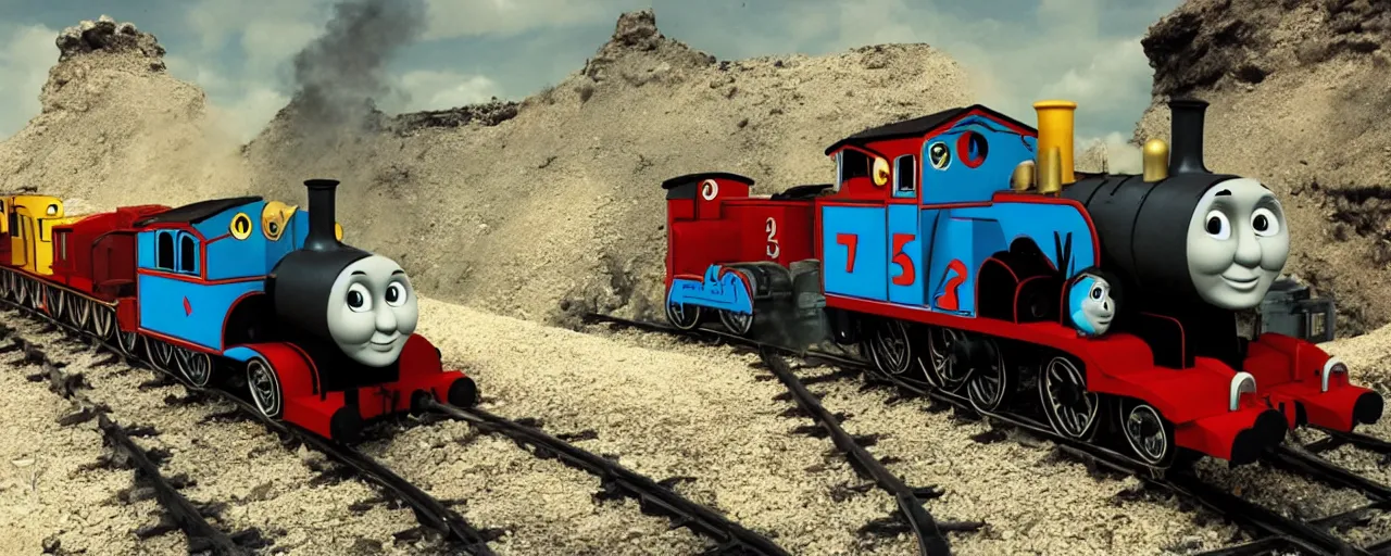 Image similar to thomas the tank engine mad max style, film still, epic shot cinematography, rule of thirds