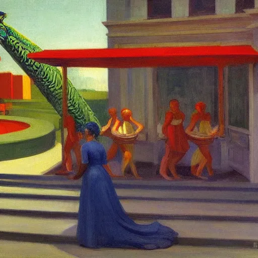 Image similar to high quality, high detail painting by edward hopper, high garden scene with quetzalcoatl, hd, muted lighting