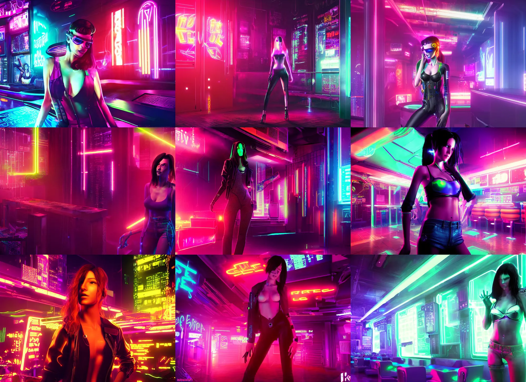 Prompt: Cyberpunk girl inside a busy neon nightclub, realistic, highly detailed digital art, 8k Octane