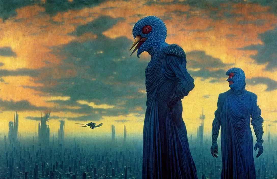 Prompt: realistic detailed portrait movie shot of a birdman wearing dark ragged robes, futuristic city sunset landscape background by denis villeneuve, amano, yves tanguy, alphonse mucha, ernst haeckel, max ernst, roger dean, ridley scott, rich moody colours, blue eyes