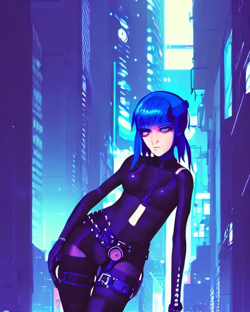 Image similar to digital illustration of cyberpunk pretty girl with blue hair, wearing a black dominatrix outfit, in city street at night, by makoto shinkai, ilya kuvshinov, lois van baarle, rossdraws, basquiat