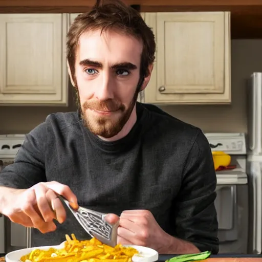 Image similar to picture of asmongold watching tv while cooking a meal, good lighted photo, sharp details, detailed, hd, hdr