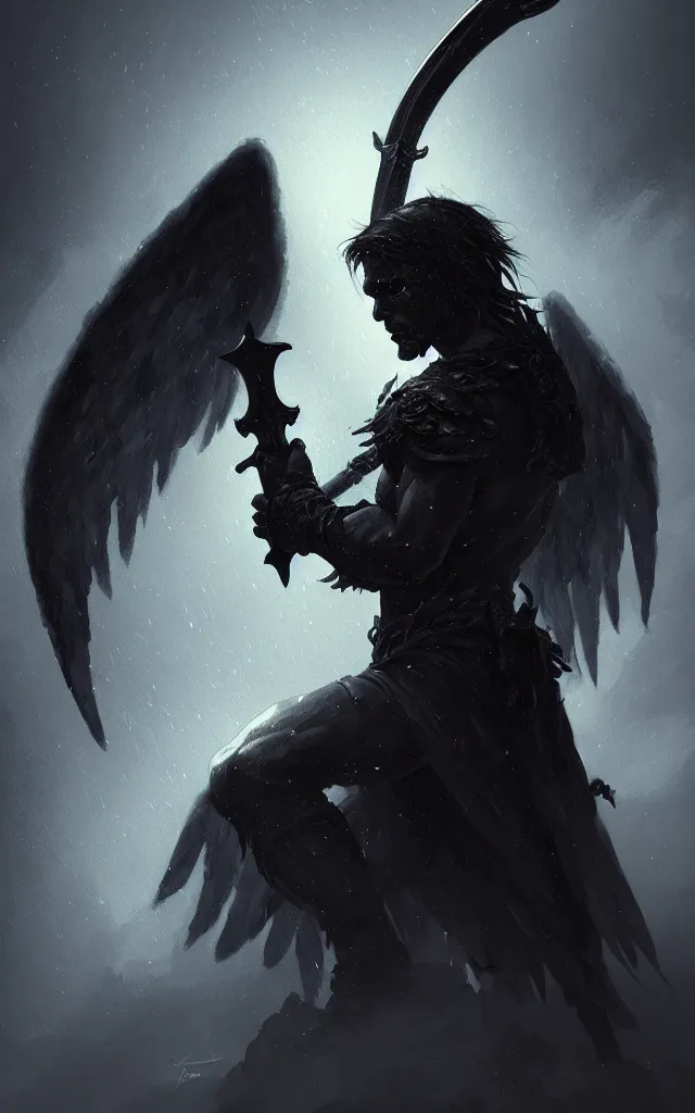 Image similar to dark blizzard art, portrait of fallen man angel kneeling with a sword and wings, bokeh. dark art masterpiece artstation. 8k, sharp high quality illustration in style of Jose Daniel Cabrera Pena and Leonid Kozienko, concept art by Tooth Wu