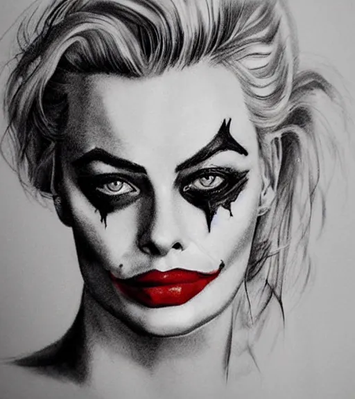 Image similar to tattoo design sketch of beautiful margot robbie portrait with joker makeup, in the style of den yakovlev, realistic face, black and white, faded sides, realism tattoo, hyper realistic, highly detailed