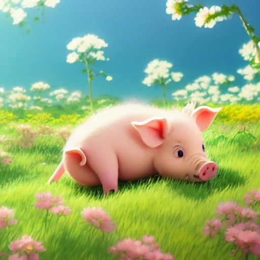 Image similar to cute and adorable piglet resting on a beautiful flower valley by makoto shinkai, summer, studio ghibli, hayao miyazaki, takashi takeuchi, akihiko yoshida, funimation, key anime visual, anime poster, 8 k, highly detailed, rendered, concept art, wide angle, trending on artstation, pixiv daily ranking