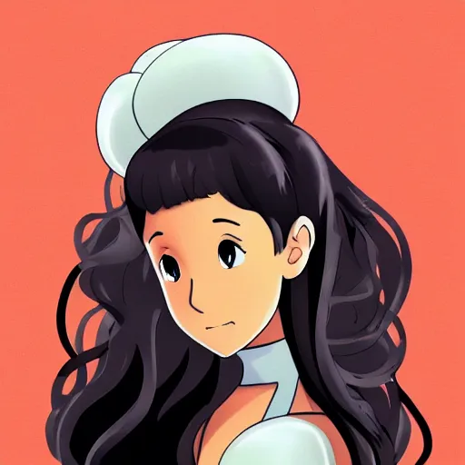 Image similar to ariana grande, flowing hair. in the style of studio ghibli, trending on artstation, emerald herald