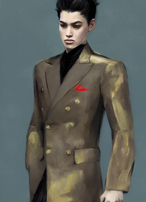 Image similar to a professional painting of a beautiful young prince, wearing an origami high fashion tuxedo, olive skin, buzzed short dark hair, beautiful bone structure, symmetrical facial features, intricate, elegant, digital painting, concept art, smooth, sharp focus, illustration, from Metal Gear, by Ruan Jia and Mandy Jurgens and Artgerm and William-Adolphe Bouguerea