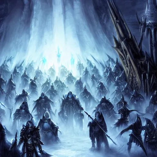 Image similar to vast ice dungeon, arthas the lich king summoning a horde of undead warriors, warcraft, warcraft artwork, mixed art, cinematic light, majestic, hyperrealistic, hyper detailed, dark fantasy, gritty