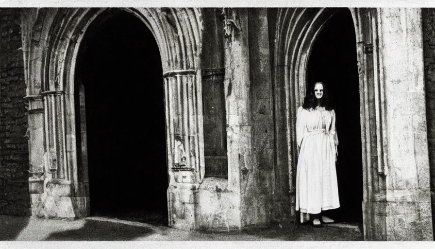 Image similar to 7 0 s film still from a horror movie about a beautiful woman standing at the entrance of a church, kodachrome, cinecolor, cinestill, film grain, film texture, retro, cinematic, high resolution, photorealism,