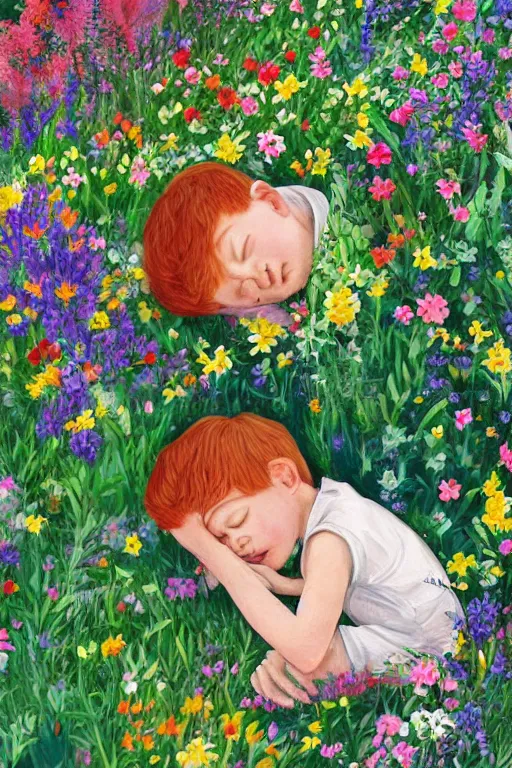 Image similar to a little boy with ginger hair curled up asleep in a lovely garden of flowers. clean elegant pretty cartoon painting, beautiful detailed face, storybook illustration.