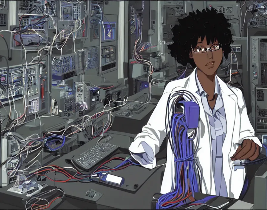 Image similar to dark skin woman wearing a white lab coat with a blue haircut, connected to wires, surrounded by 1 9 8 0 s computers, in the style of serial experiments lain and evangelion 1 9 9 5, dynamic lighting, dark ambience, cell - shaded, detailed face, retro tech